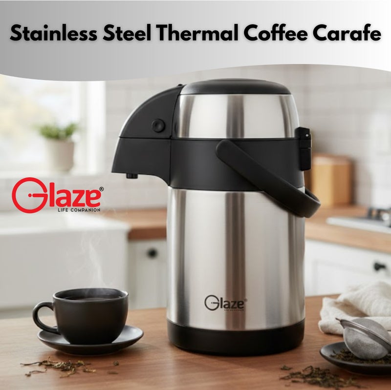 جليز ترمس حراري من الفولاذ المقاوم للصدأ سعة 2.5 لتر، موزع للقهوة والشاي - يحافظ على المشروبات ساخنة وباردة لمدة 24 ساعة - مزود بمضخة لتوزيع المشروبات - معزول بتفريغ الهواء مع مقبض حمل - فضي وأسود - Image 2